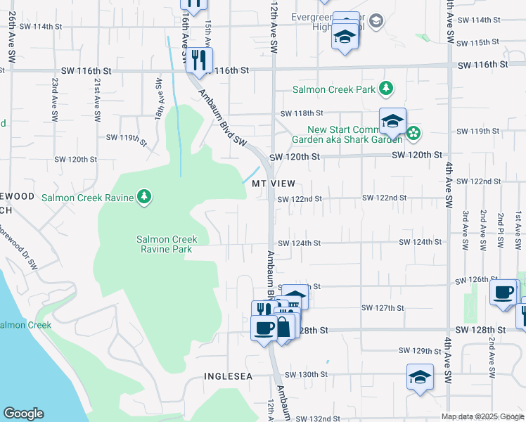 map of restaurants, bars, coffee shops, grocery stores, and more near 12201 Ambaum Boulevard Southwest in Burien