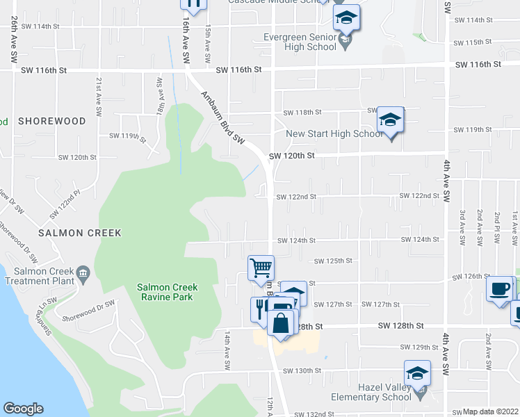 map of restaurants, bars, coffee shops, grocery stores, and more near 12201 Ambaum Boulevard Southwest in Burien