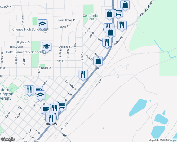 map of restaurants, bars, coffee shops, grocery stores, and more near 1229 1st Street in Cheney