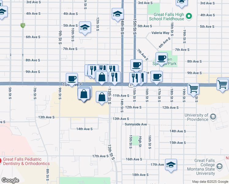 map of restaurants, bars, coffee shops, grocery stores, and more near 1101 13th Street South in Great Falls
