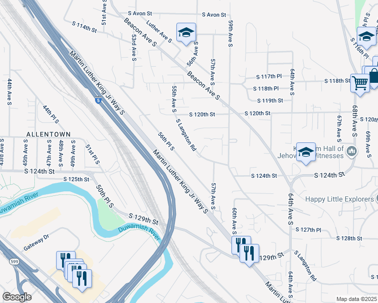 map of restaurants, bars, coffee shops, grocery stores, and more near 12260 56th Place South in Seattle