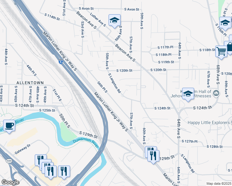 map of restaurants, bars, coffee shops, grocery stores, and more near 12260 56th Place South in Seattle