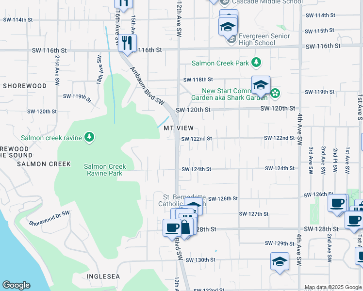 map of restaurants, bars, coffee shops, grocery stores, and more near 12309 11th Place Southwest in Seattle