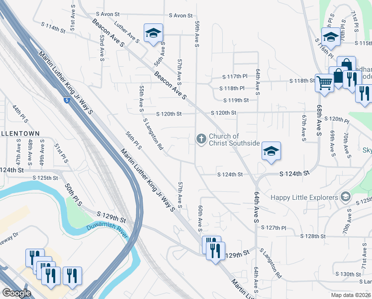 map of restaurants, bars, coffee shops, grocery stores, and more near 12237 58th Place South in Seattle