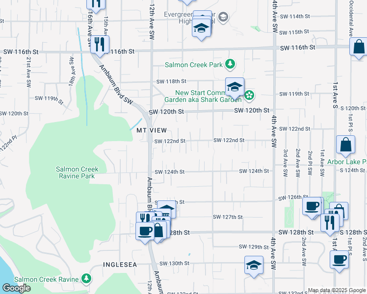 map of restaurants, bars, coffee shops, grocery stores, and more near 923 Southwest 122nd Street in Seattle