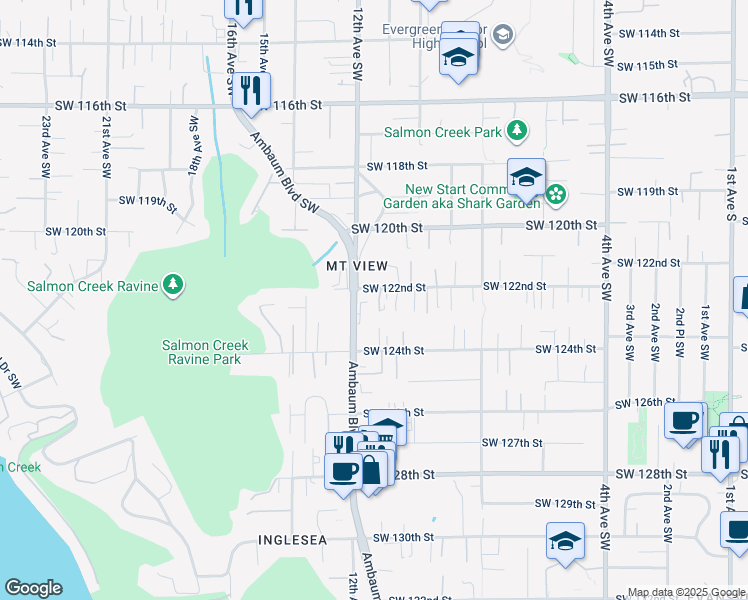 map of restaurants, bars, coffee shops, grocery stores, and more near 12300 Ambaum Boulevard Southwest in Seattle