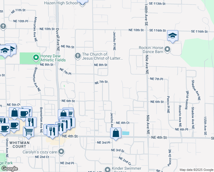map of restaurants, bars, coffee shops, grocery stores, and more near 652 Ilwaco Avenue Northeast in Renton