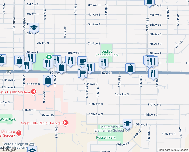 map of restaurants, bars, coffee shops, grocery stores, and more near 3225 11th Avenue South in Great Falls
