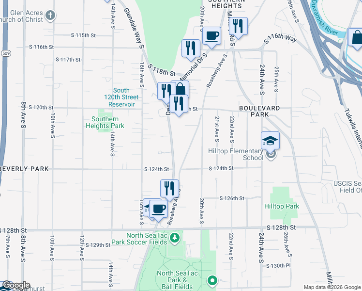 map of restaurants, bars, coffee shops, grocery stores, and more near 12239 Des Moines Memorial Drive South in Seattle