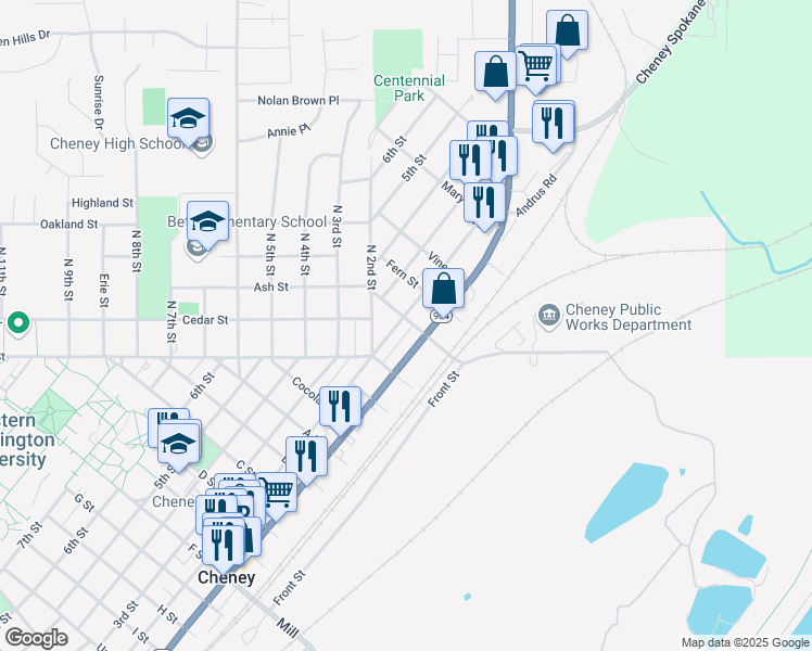 map of restaurants, bars, coffee shops, grocery stores, and more near 1229 1st Street in Cheney