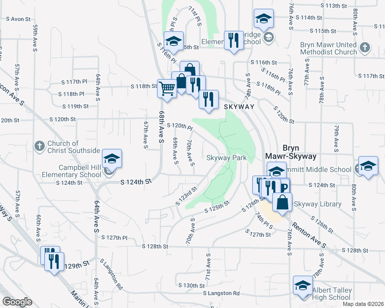 map of restaurants, bars, coffee shops, grocery stores, and more near 12070 69th Avenue South in Seattle