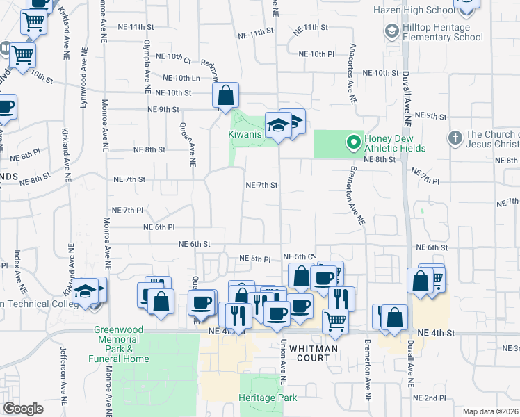 map of restaurants, bars, coffee shops, grocery stores, and more near 3919 Northeast 6th Place in Renton