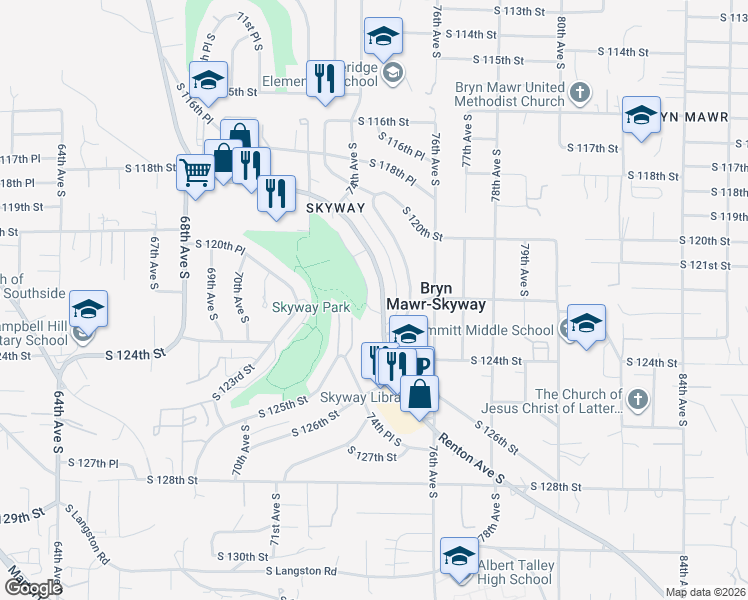 map of restaurants, bars, coffee shops, grocery stores, and more near in Bryn Mawr-Skyway