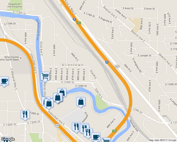 map of restaurants, bars, coffee shops, grocery stores, and more near 12244 49th Avenue South in Tukwila