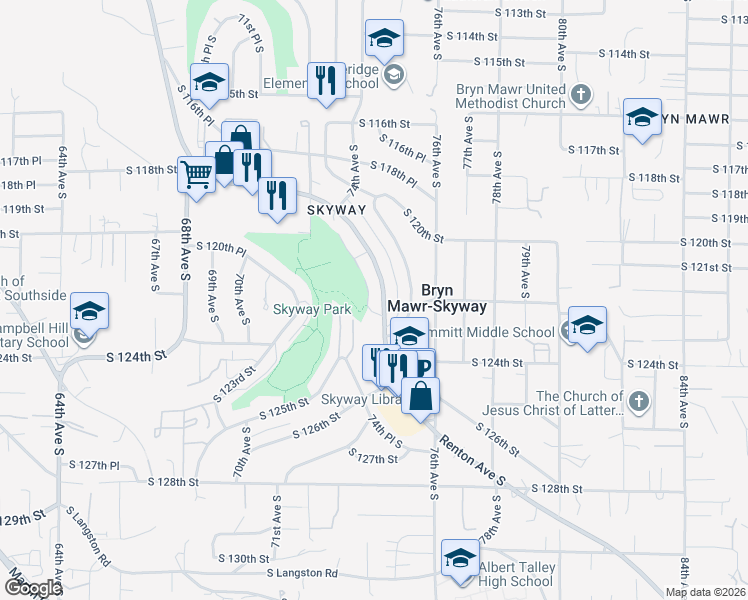 map of restaurants, bars, coffee shops, grocery stores, and more near in Bryn Mawr-Skyway