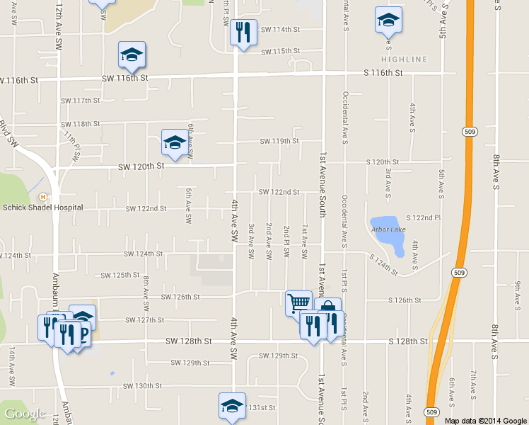 map of restaurants, bars, coffee shops, grocery stores, and more near 12225 2nd Avenue Southwest in Seattle