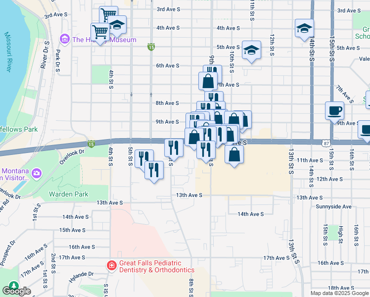 map of restaurants, bars, coffee shops, grocery stores, and more near 998 8th Street South in Great Falls