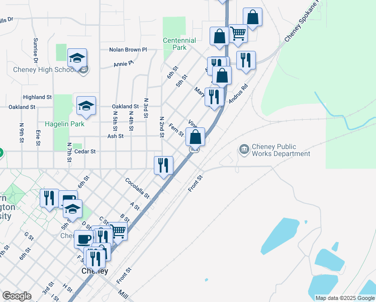 map of restaurants, bars, coffee shops, grocery stores, and more near 204 Fern Street in Cheney