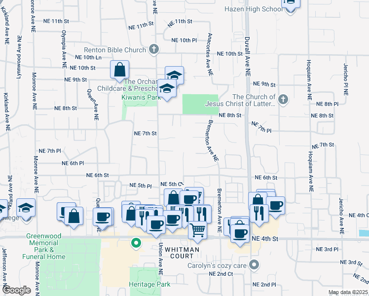 map of restaurants, bars, coffee shops, grocery stores, and more near 4310 Northeast 7th Street in Renton