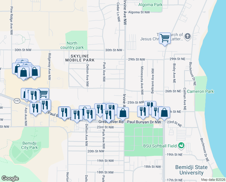 map of restaurants, bars, coffee shops, grocery stores, and more near 601 26th Street Northwest in Bemidji