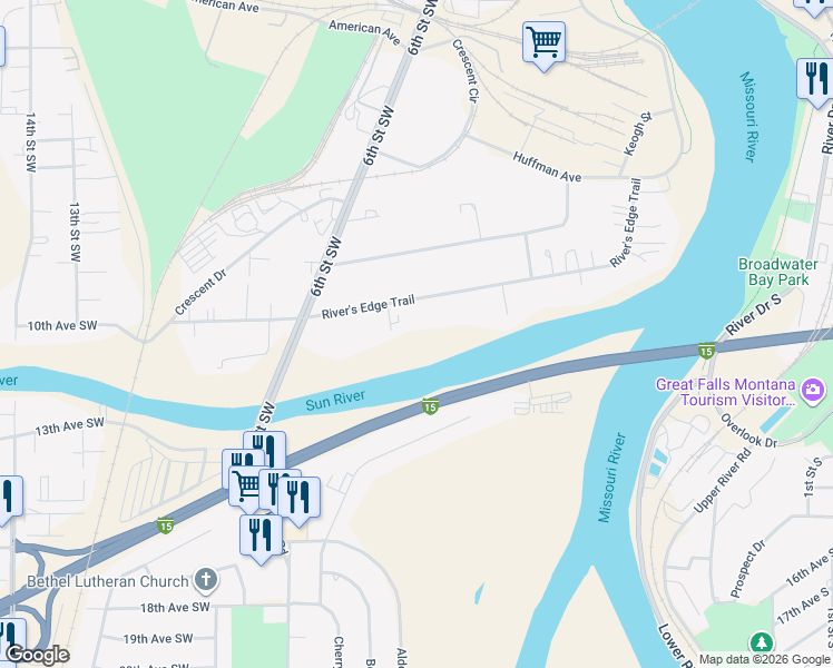map of restaurants, bars, coffee shops, grocery stores, and more near 618 10th Avenue Southwest in Great Falls