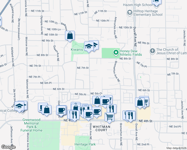 map of restaurants, bars, coffee shops, grocery stores, and more near 4126 Northeast 7th Street in Renton