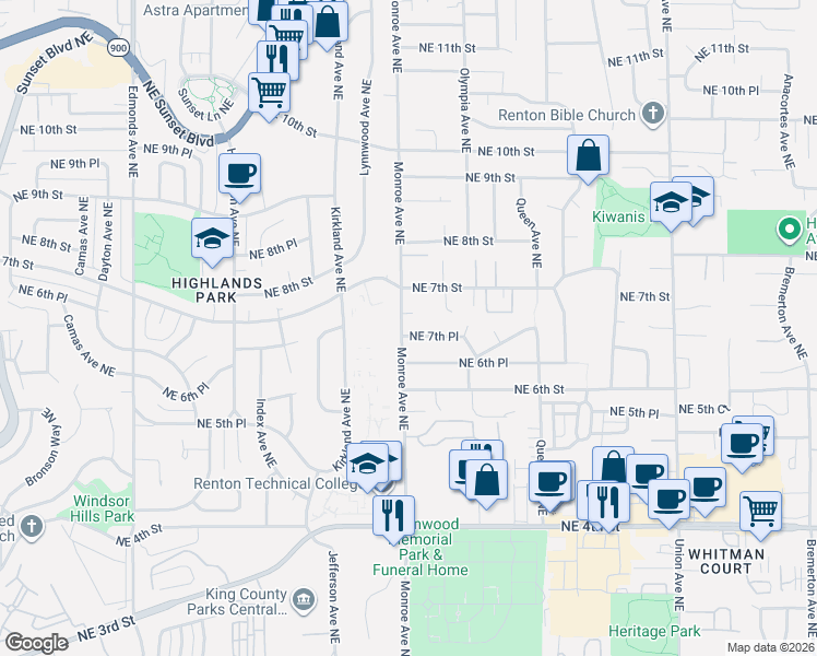 map of restaurants, bars, coffee shops, grocery stores, and more near 3300 Northeast 7th Place in Renton