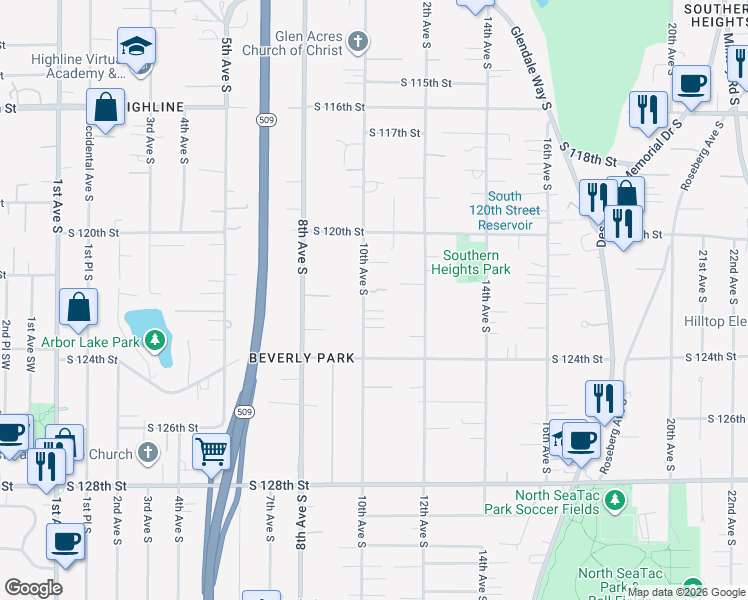 map of restaurants, bars, coffee shops, grocery stores, and more near 12047 10th Avenue South in Seattle