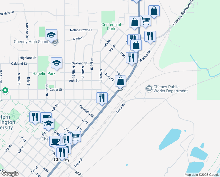 map of restaurants, bars, coffee shops, grocery stores, and more near 204 Fern Street in Cheney