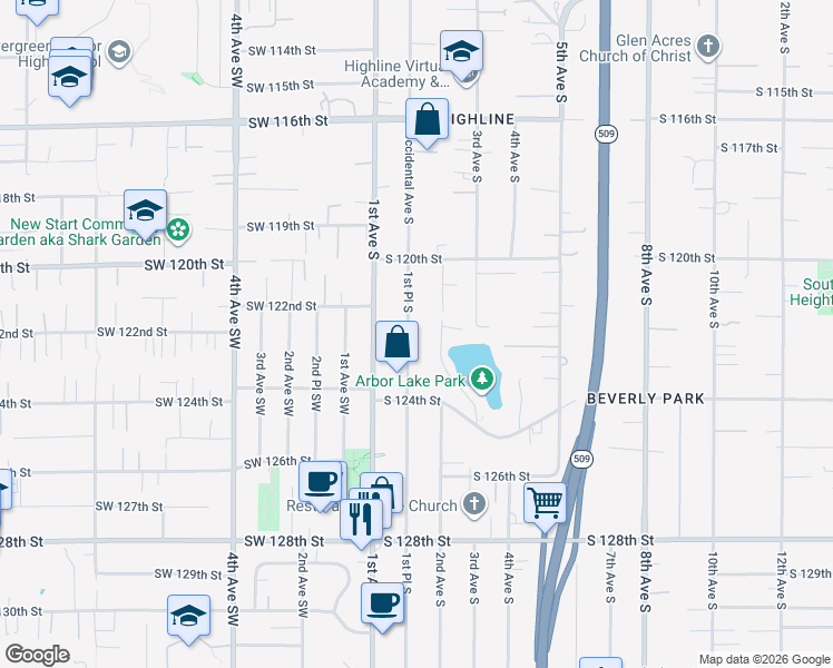 map of restaurants, bars, coffee shops, grocery stores, and more near 12043 Occidental Avenue South in Seattle