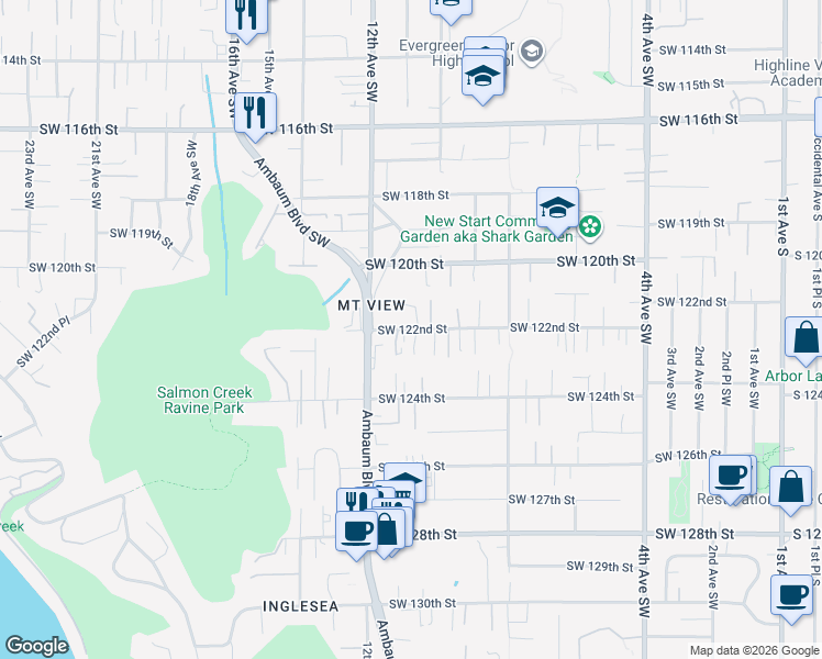 map of restaurants, bars, coffee shops, grocery stores, and more near 1104 Southwest 121st Place in Seattle