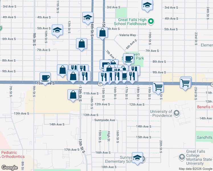 map of restaurants, bars, coffee shops, grocery stores, and more near 901-999 U.S. 87 in Great Falls