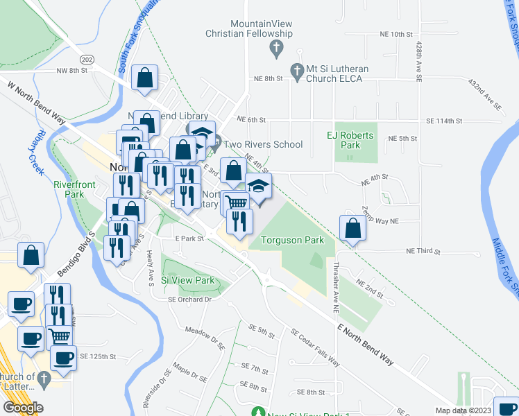 map of restaurants, bars, coffee shops, grocery stores, and more near 400 East 3rd Street in North Bend