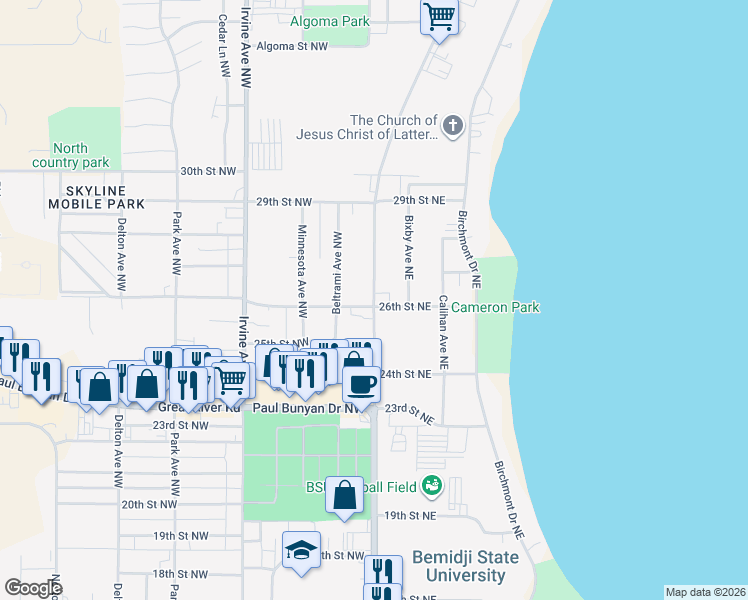 map of restaurants, bars, coffee shops, grocery stores, and more near 2608 Bemidji Ave N in Bemidji