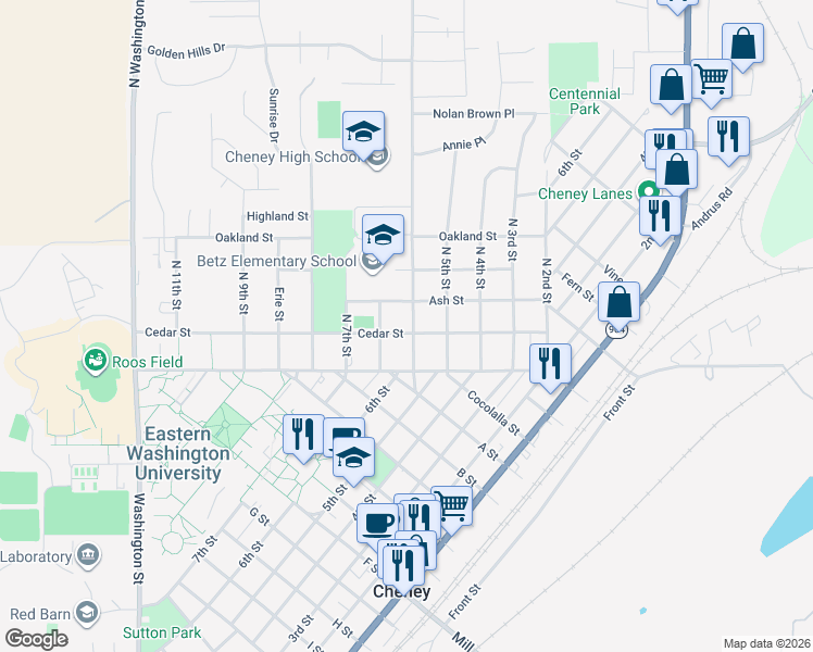 map of restaurants, bars, coffee shops, grocery stores, and more near 122 North 6th Street in Cheney