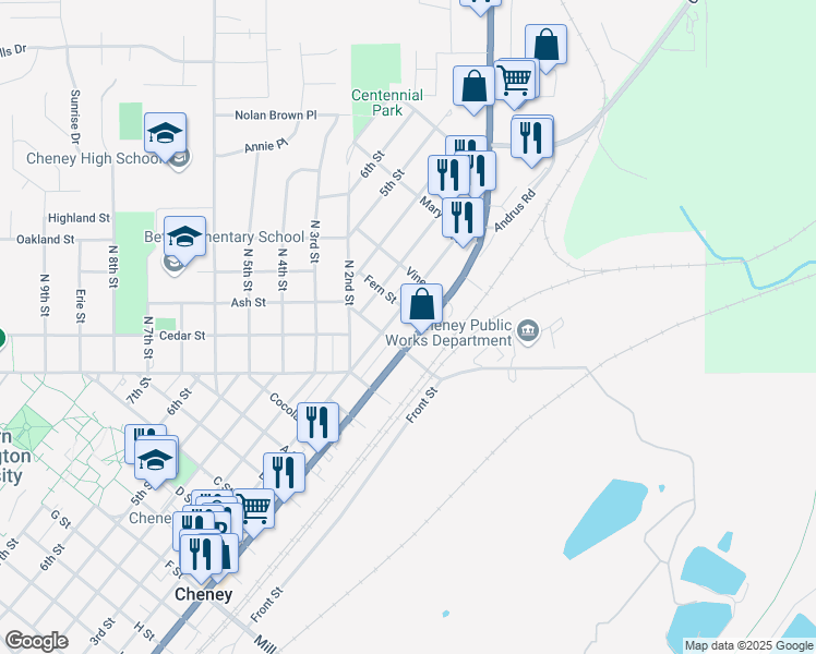 map of restaurants, bars, coffee shops, grocery stores, and more near 204 Fern Street in Cheney
