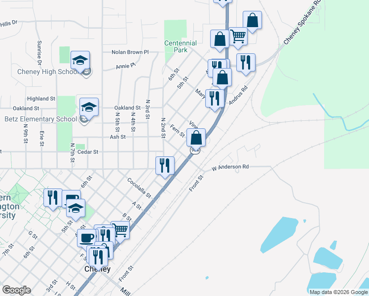 map of restaurants, bars, coffee shops, grocery stores, and more near 204 Fern Street in Cheney