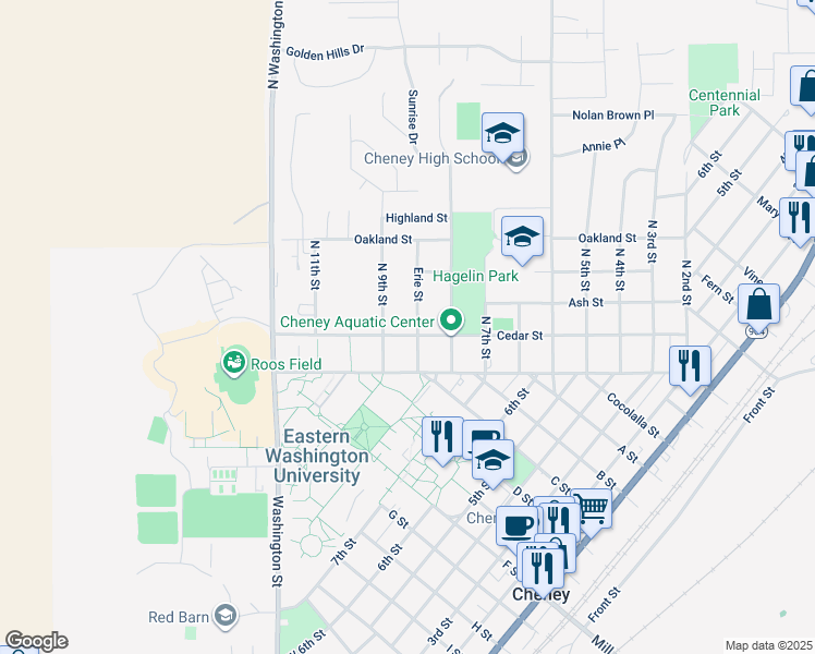 map of restaurants, bars, coffee shops, grocery stores, and more near 117 Erie Street in Cheney