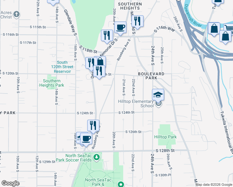 map of restaurants, bars, coffee shops, grocery stores, and more near 12044 20th Avenue South in Seattle
