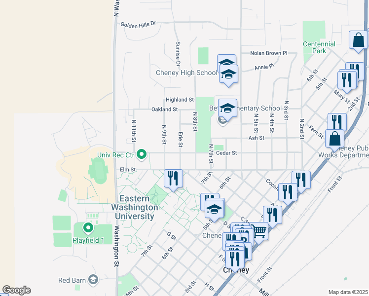 map of restaurants, bars, coffee shops, grocery stores, and more near 101 Erie Street in Cheney