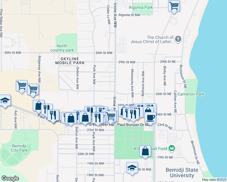 map of restaurants, bars, coffee shops, grocery stores, and more near 2613 Irvine Avenue Northwest in Bemidji
