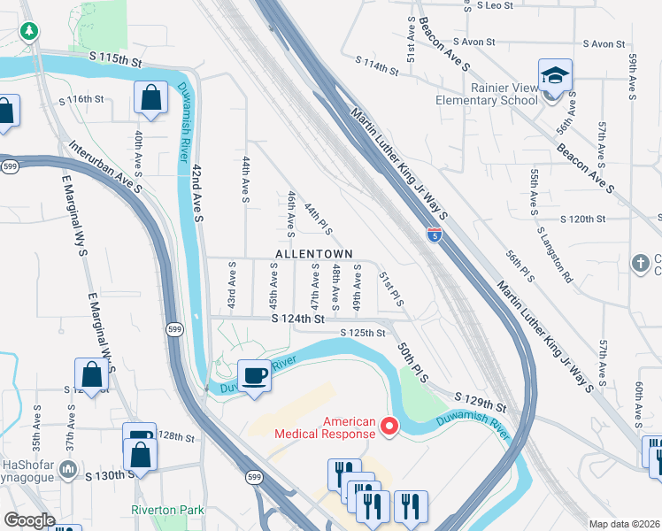 map of restaurants, bars, coffee shops, grocery stores, and more near 12203 48th Avenue South in Seattle