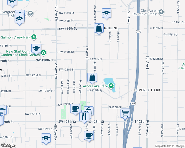 map of restaurants, bars, coffee shops, grocery stores, and more near 12043 Occidental Avenue South in Seattle