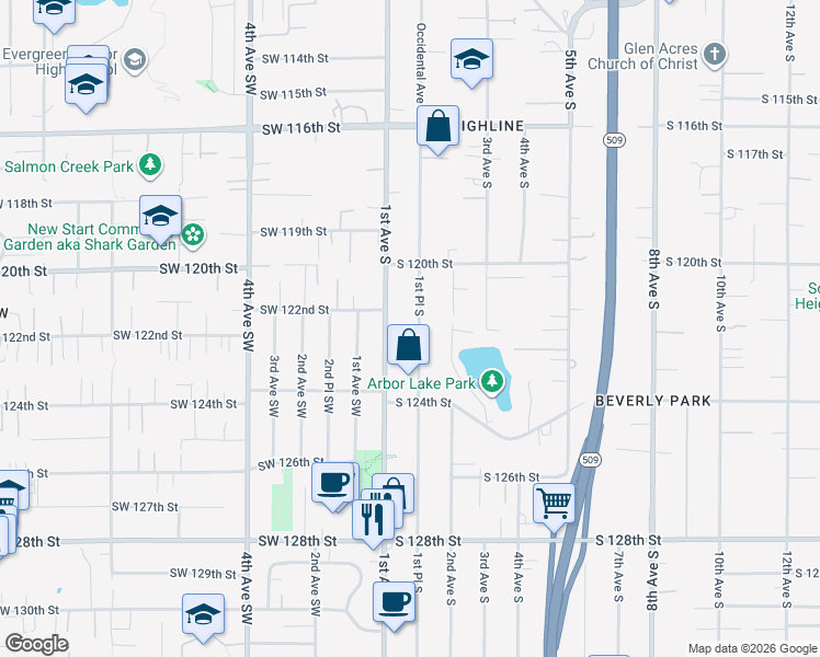 map of restaurants, bars, coffee shops, grocery stores, and more near 12043 Occidental Avenue South in Seattle