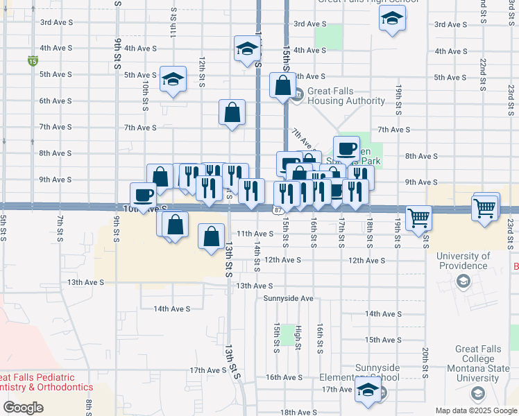 map of restaurants, bars, coffee shops, grocery stores, and more near in Great Falls