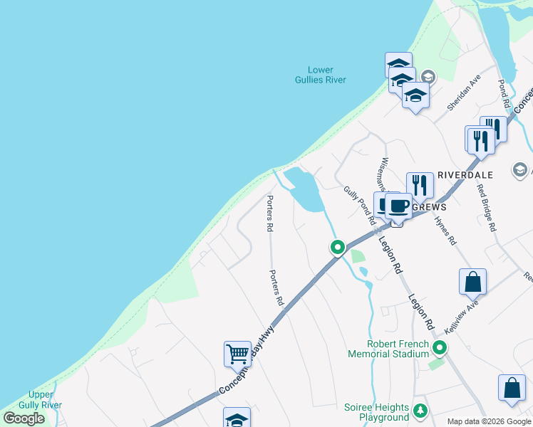 map of restaurants, bars, coffee shops, grocery stores, and more near 66a Porters Road in Conception Bay South