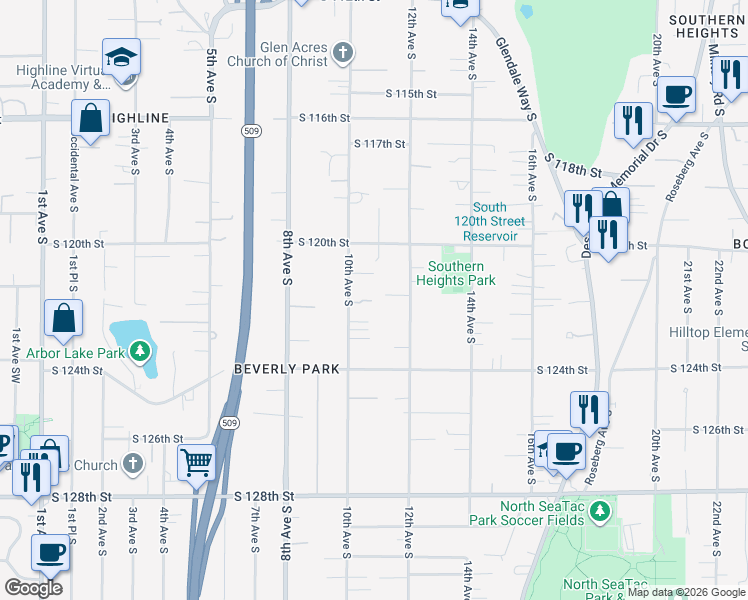 map of restaurants, bars, coffee shops, grocery stores, and more near 12047 12th Avenue South in Seattle