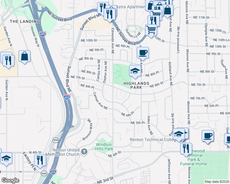 map of restaurants, bars, coffee shops, grocery stores, and more near in Renton