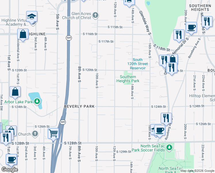 map of restaurants, bars, coffee shops, grocery stores, and more near 12047 12th Avenue South in Seattle