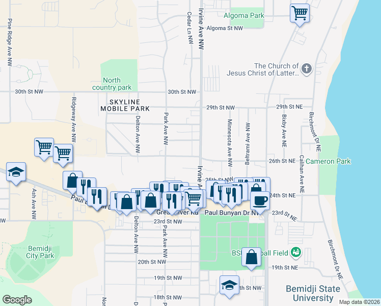 map of restaurants, bars, coffee shops, grocery stores, and more near 2613 Irvine Avenue Northwest in Bemidji